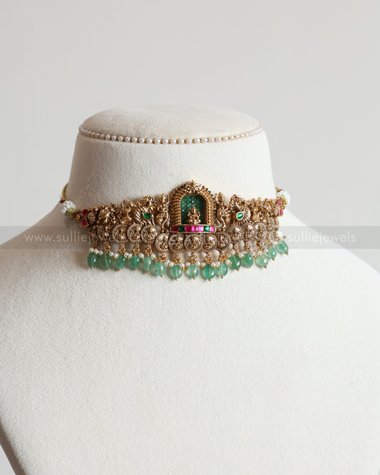 2126 - Premium Gold Lakshmi Coin Choker with Stud - Mint Beads