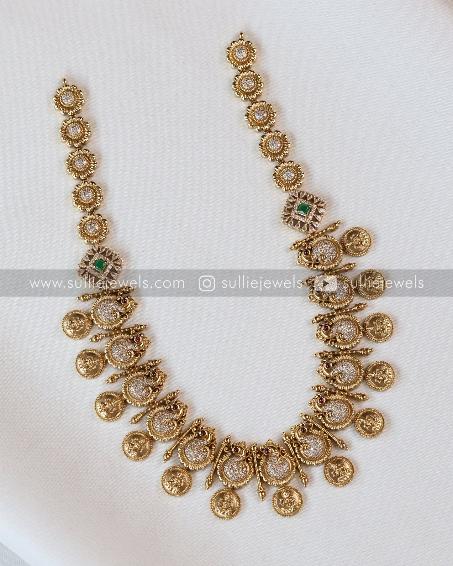 Stone Peacock & Lakshmi Coin Necklace / Long Chain with Earring