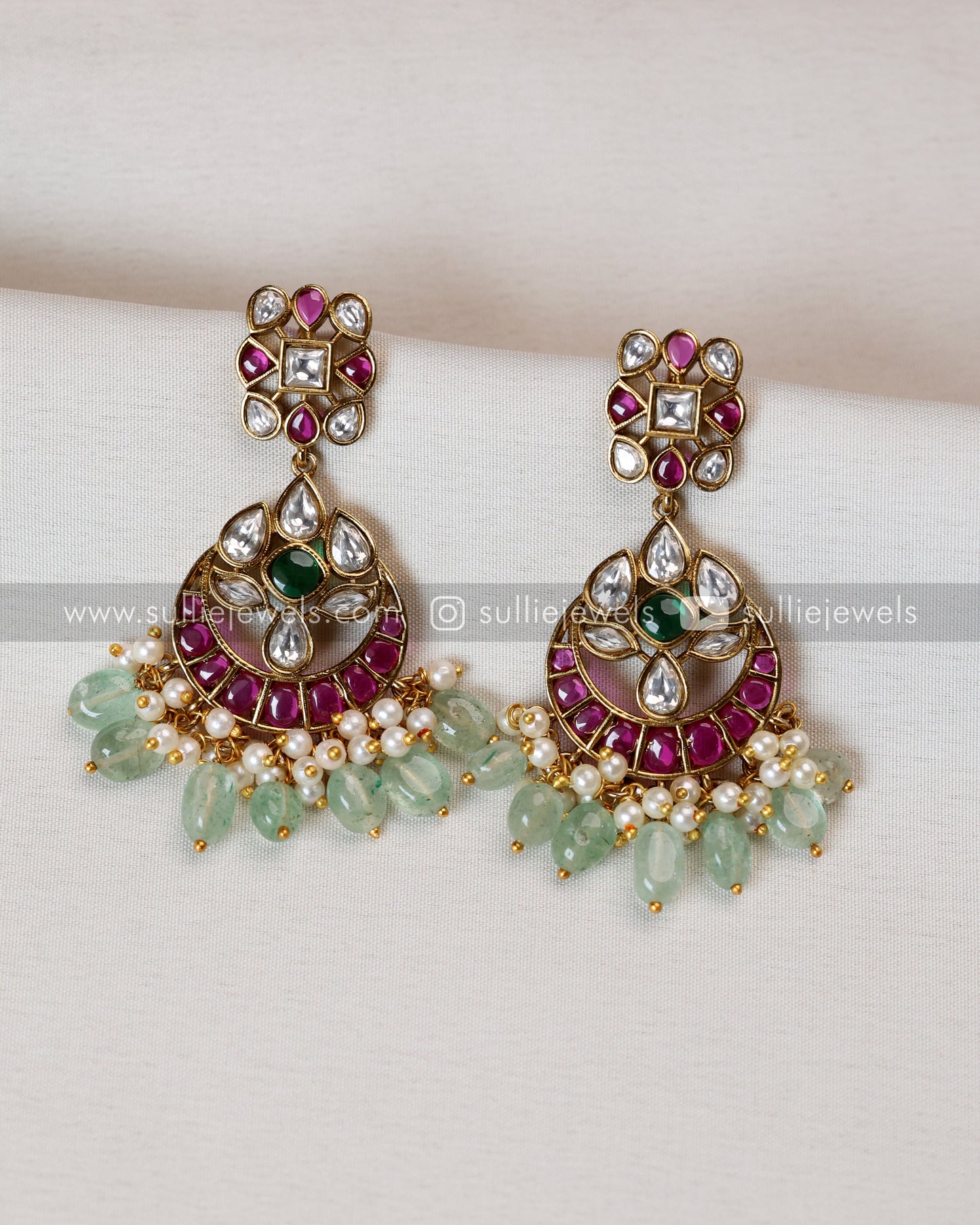 Ruby & Green Premium Layered Bridal Combo with Mint Beads ( 4 piece )