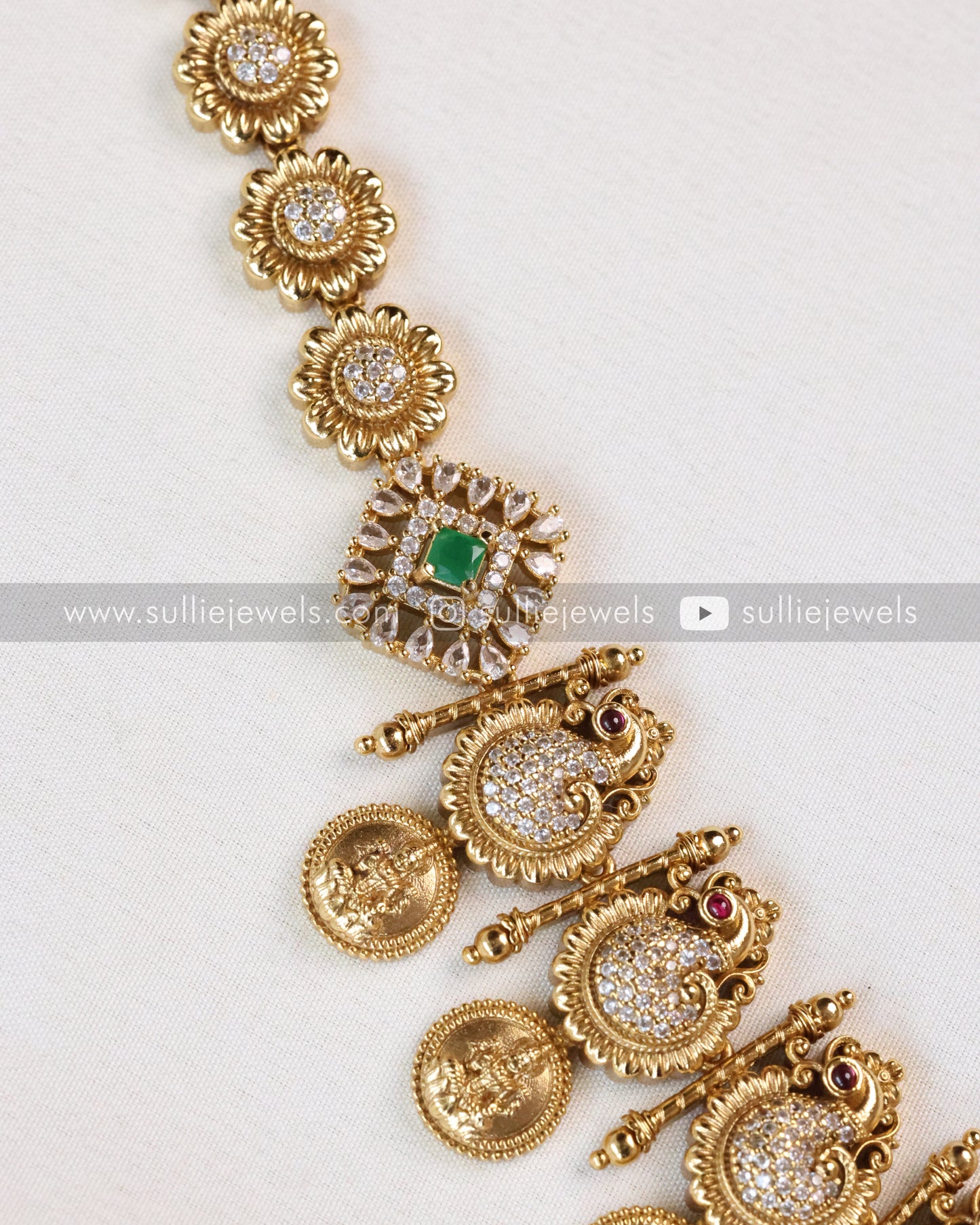Stone Peacock & Lakshmi Coin Necklace / Long Chain with Earring