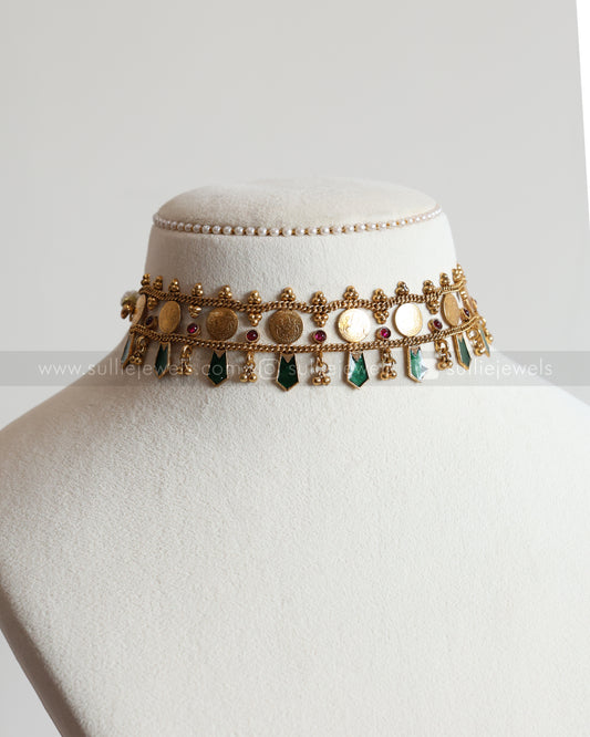 2121 - Sullie Basic - 2 Layer Coin & Green Palakka Choker / Necklace with Stud