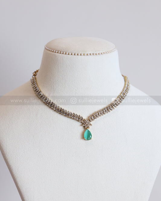 3681 - Teal Raindrop AD Stone Leaf Necklace with Earring