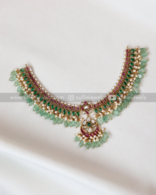 Kemp Chandbali Premium Choker Mint Beads with Earring