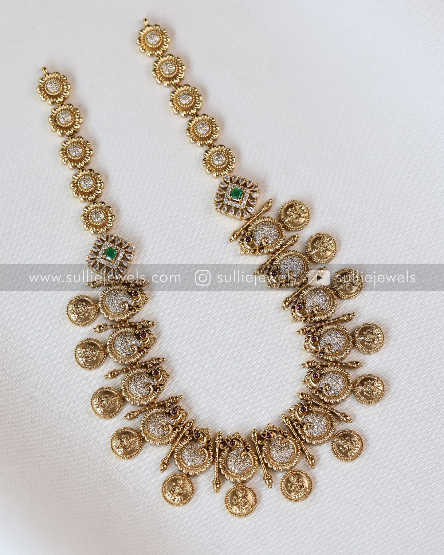 Stone Peacock & Lakshmi Coin Necklace / Long Chain with Earring