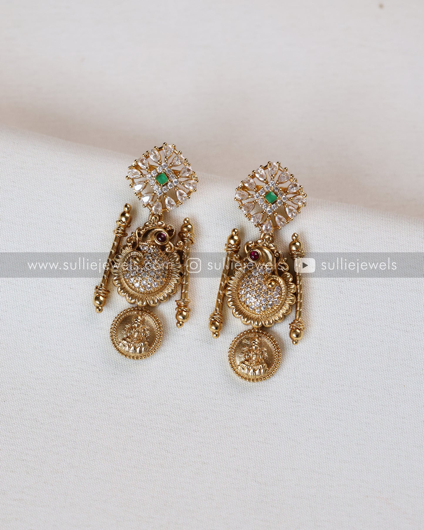 Stone Peacock & Lakshmi Coin Necklace / Long Chain with Earring