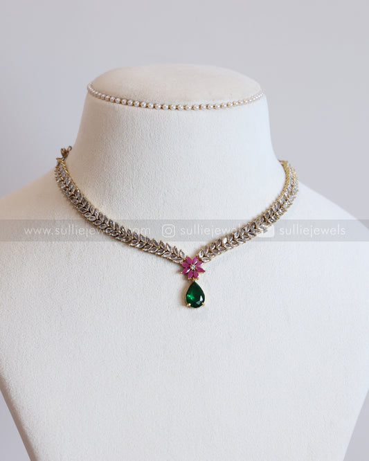 3683 - Emerald Raindrop White Leaf AD Necklace with Earring