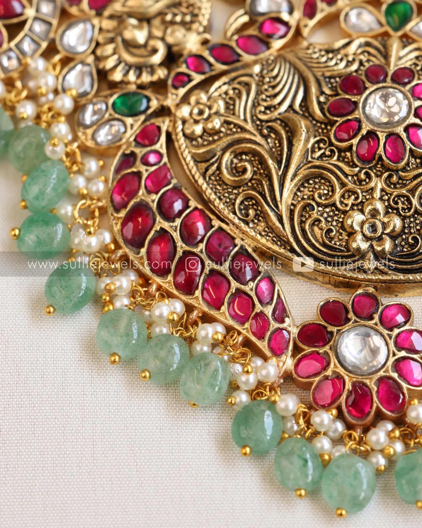 Pearl Lakshmi Mint Beads Heavy Haram/ Long Chain