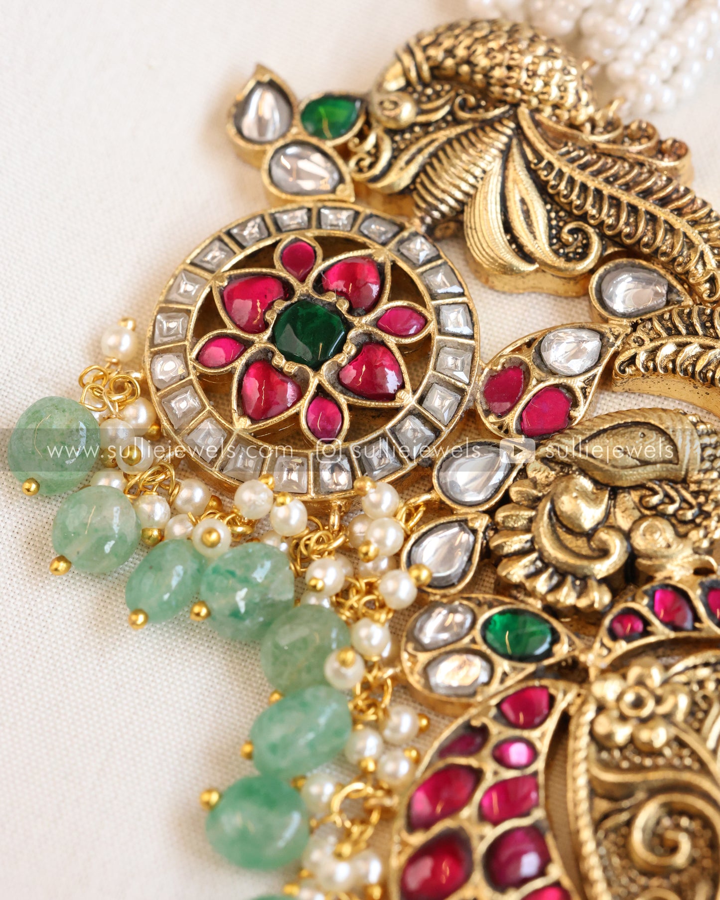 Pearl Lakshmi Mint Beads Heavy Haram/ Long Chain