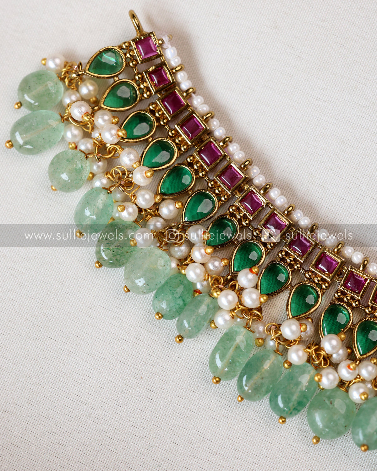 Kemp Chandbali Premium Choker Mint Beads with Earring