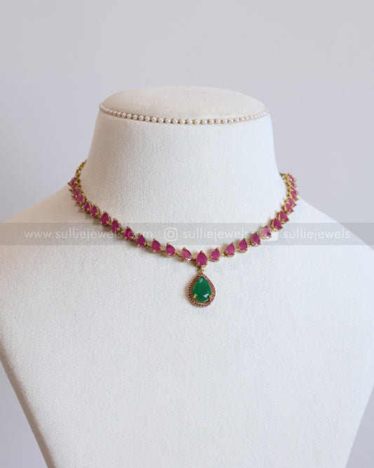 3716 - Raindrop Emerald & Pink Stone Necklace with Earring