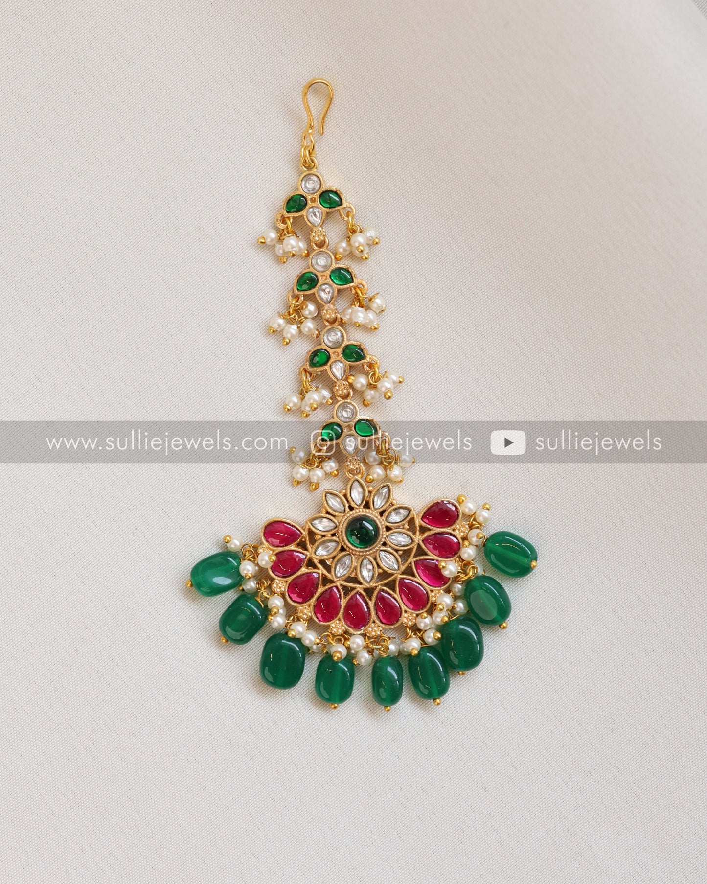 Premium Jadau Floral Tikka with Green Beads