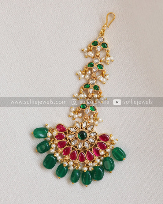 Premium Jadau Floral Tikka with Green Beads