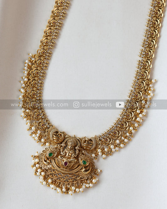 Gold Premium Stone & Pearl Goddess Long Chain / Haram with Earring