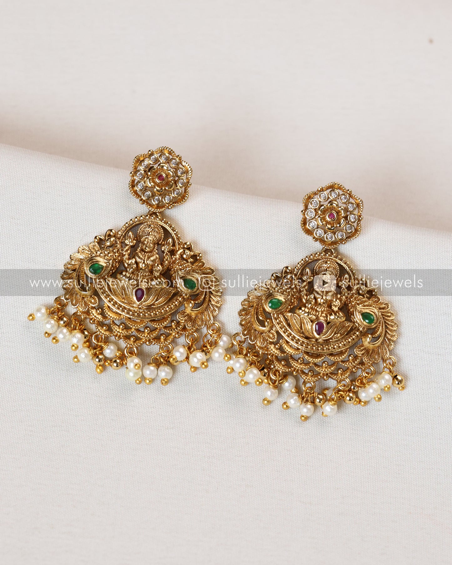 Gold Premium Stone & Pearl Goddess Long Chain / Haram with Earring