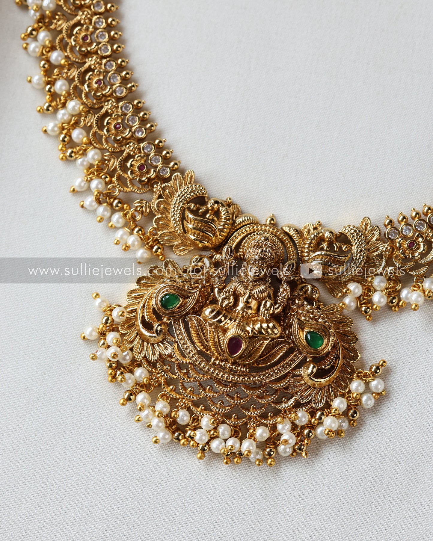 Gold Premium Stone & Pearl Goddess Necklace with Earring