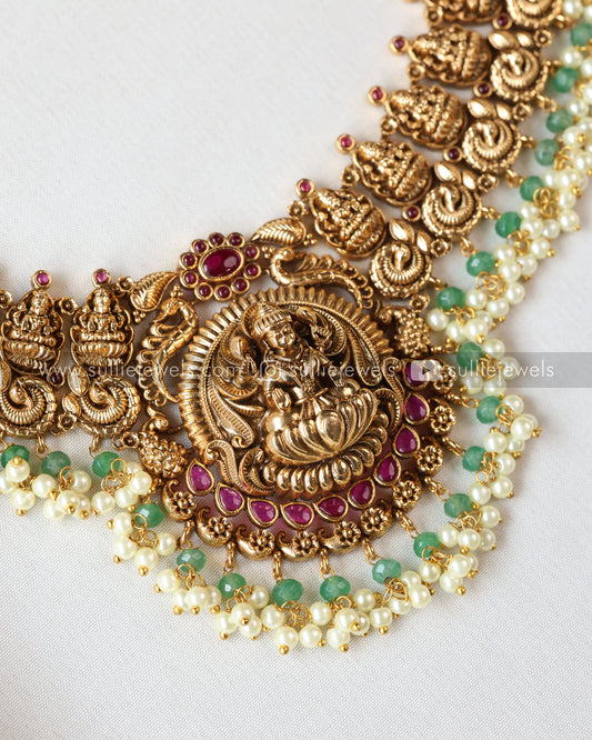 Premium Goddess Pearl & Mint beads Long Chain / Haram with Earring