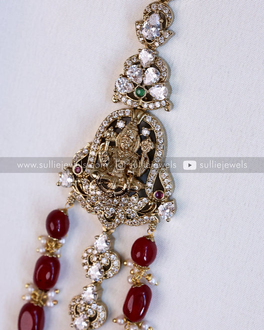 Moissanite & Ruby Beaded Lakshmi Premium Victorian 3 Layer Long Chain / Haram with Earring