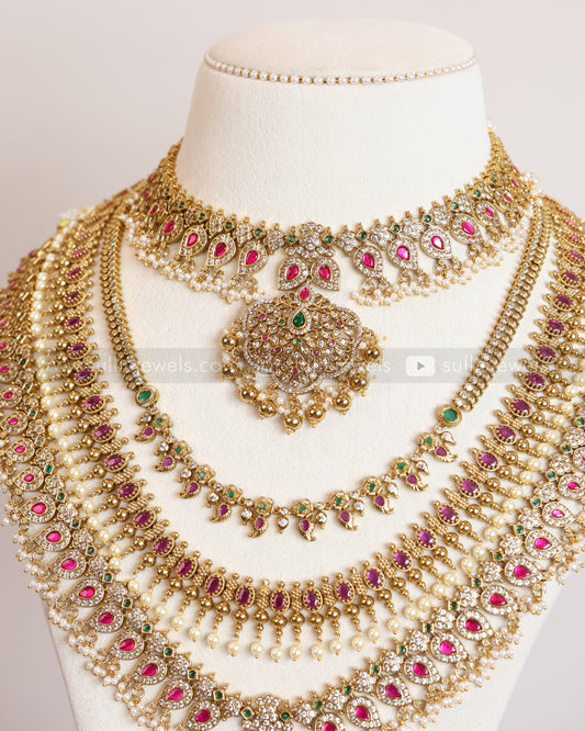 Pink & Gold No Idol Kemp Guttapusalu Bridal Combo ( 7 piece )