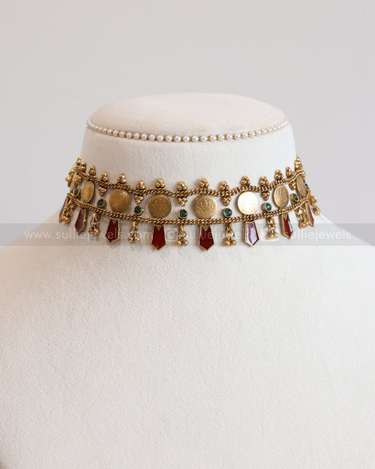 2120 - Sullie Basic - 2 Layer Coin & Ruby Palakka Choker / Necklace with Stud