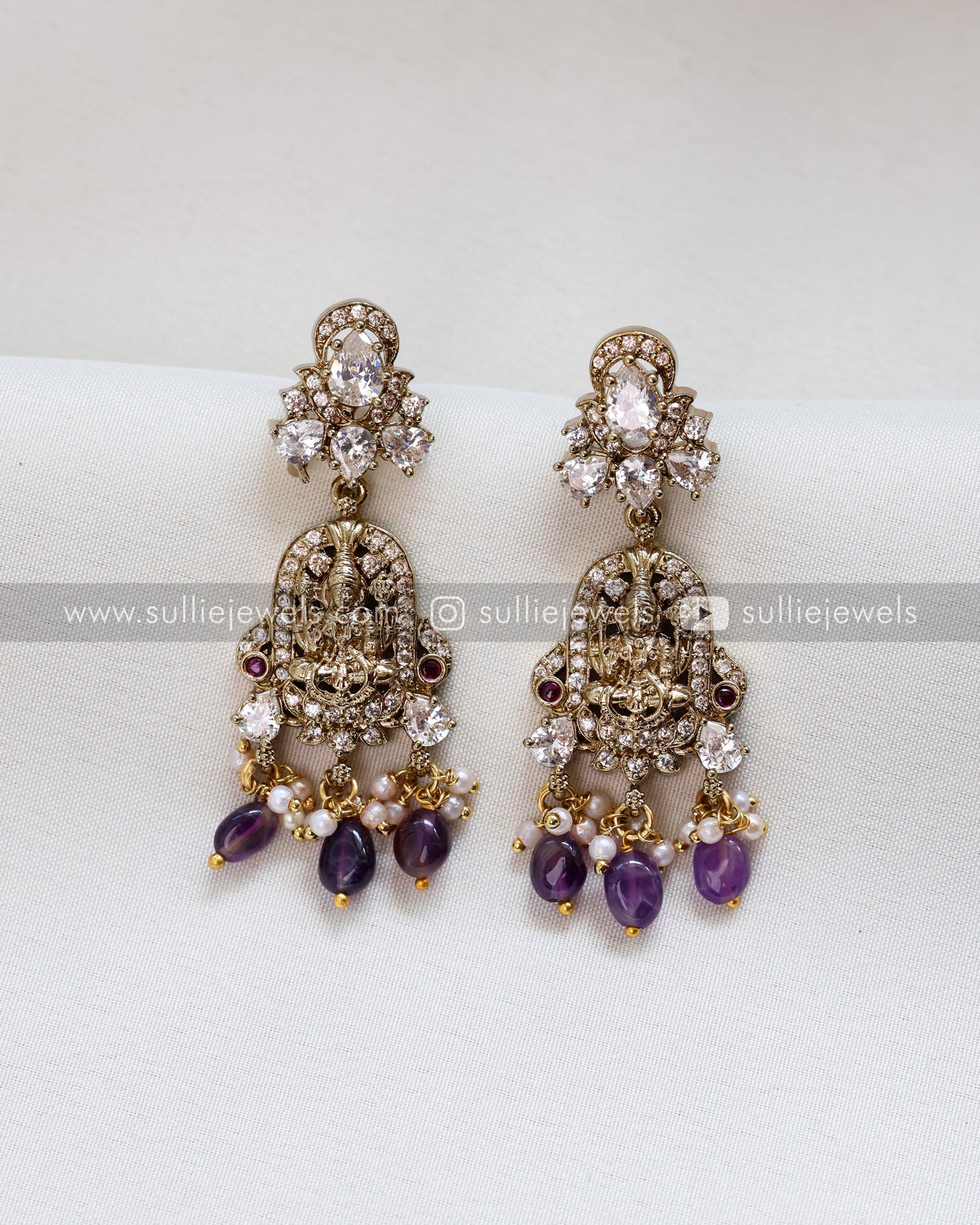 Moissanite & Violet Beaded Lakshmi Premium Victorian 3 Layer Long Chain / Haram with Earring