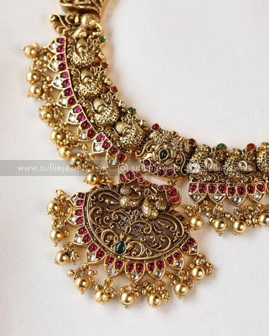 Premium Peacock Necklace with Jhumka - Gold Beads