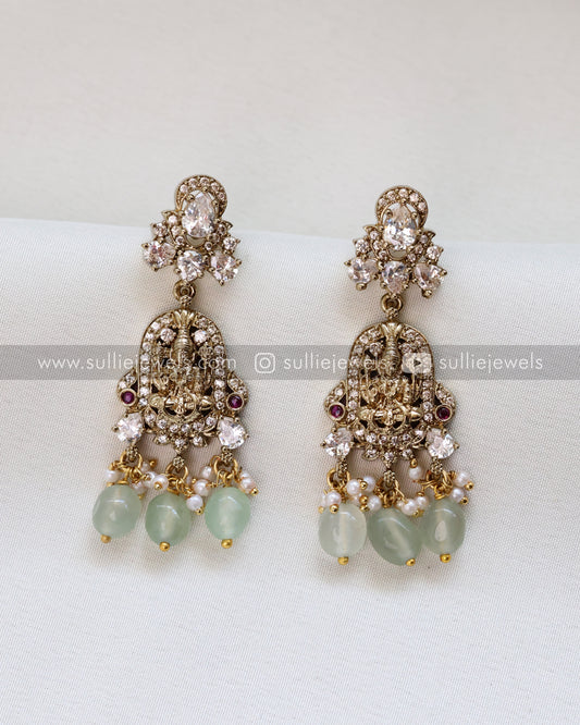 Moissanite & Mint Beaded Lakshmi Premium Victorian 3 Layer Long Chain / Haram with Earring