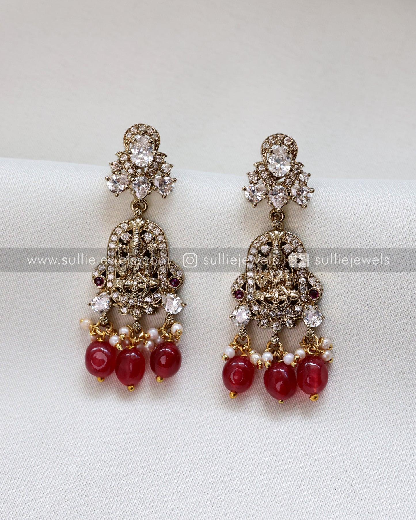 Moissanite & Ruby Beaded Lakshmi Premium Victorian 3 Layer Long Chain / Haram with Earring