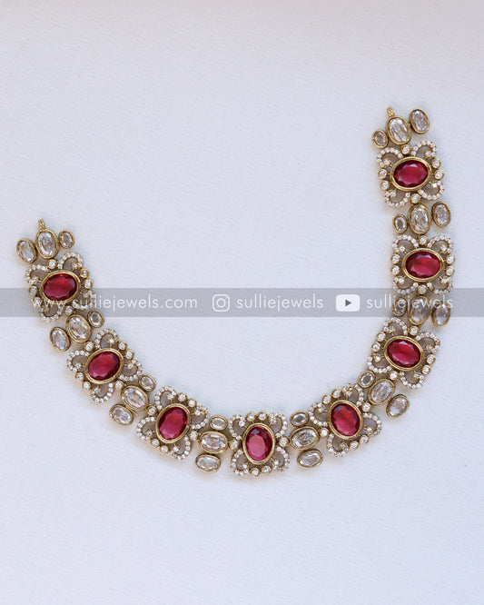 Premium Ruby Victorian Raindrop Polki Bridal Combo ( 5 piece )