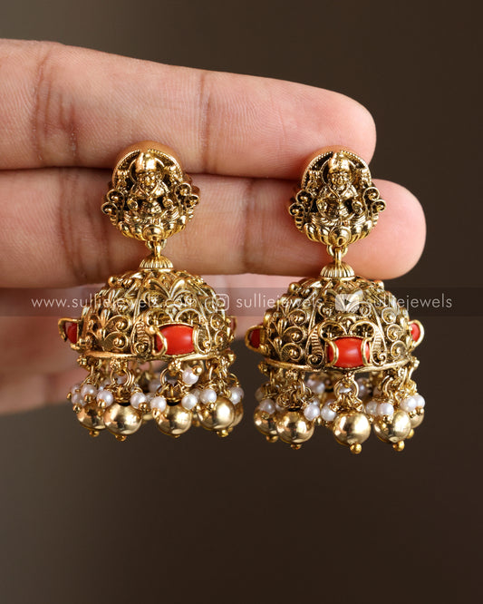 Premium Lakshmi Coral Stone Gold Jhumka