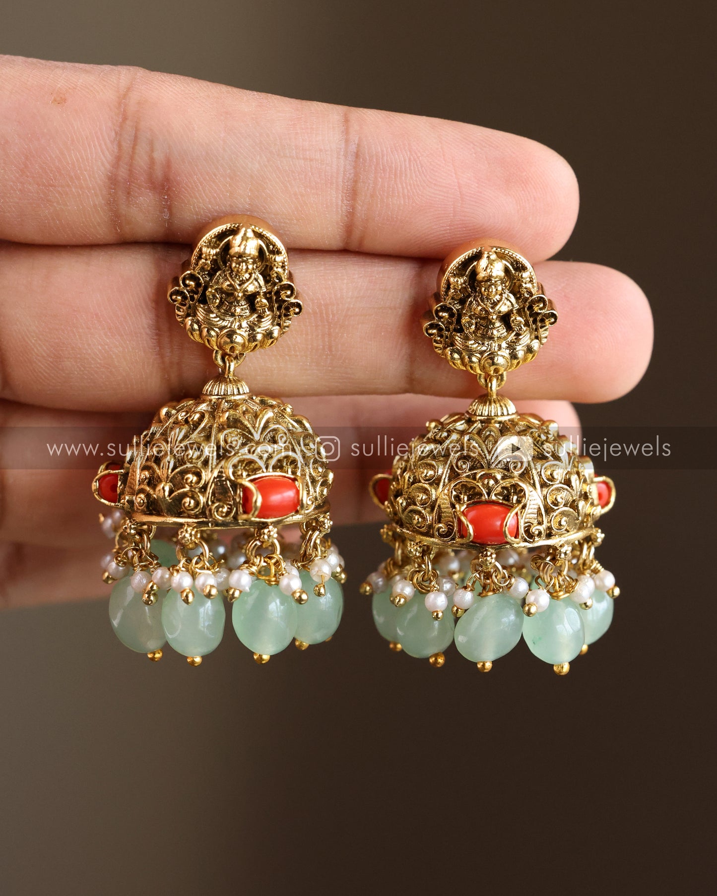 Premium Lakshmi Coral Stone Gold Jhumka