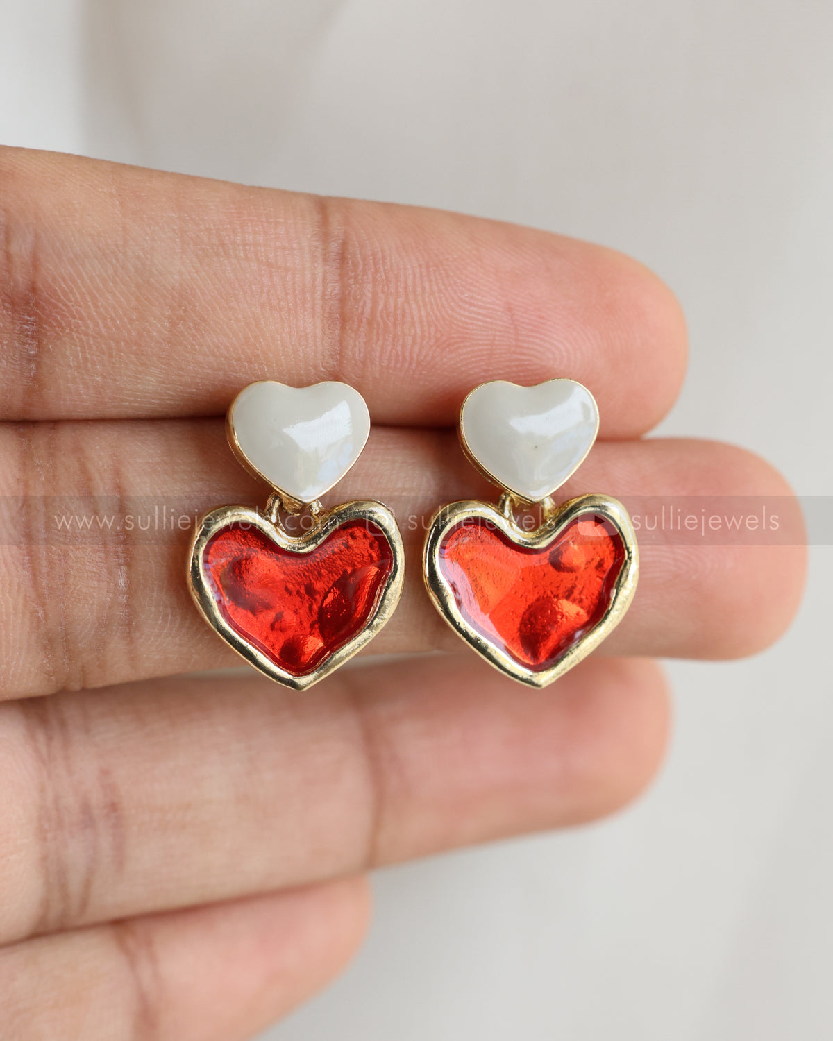 W123 - Red & White Double Heart Earrings