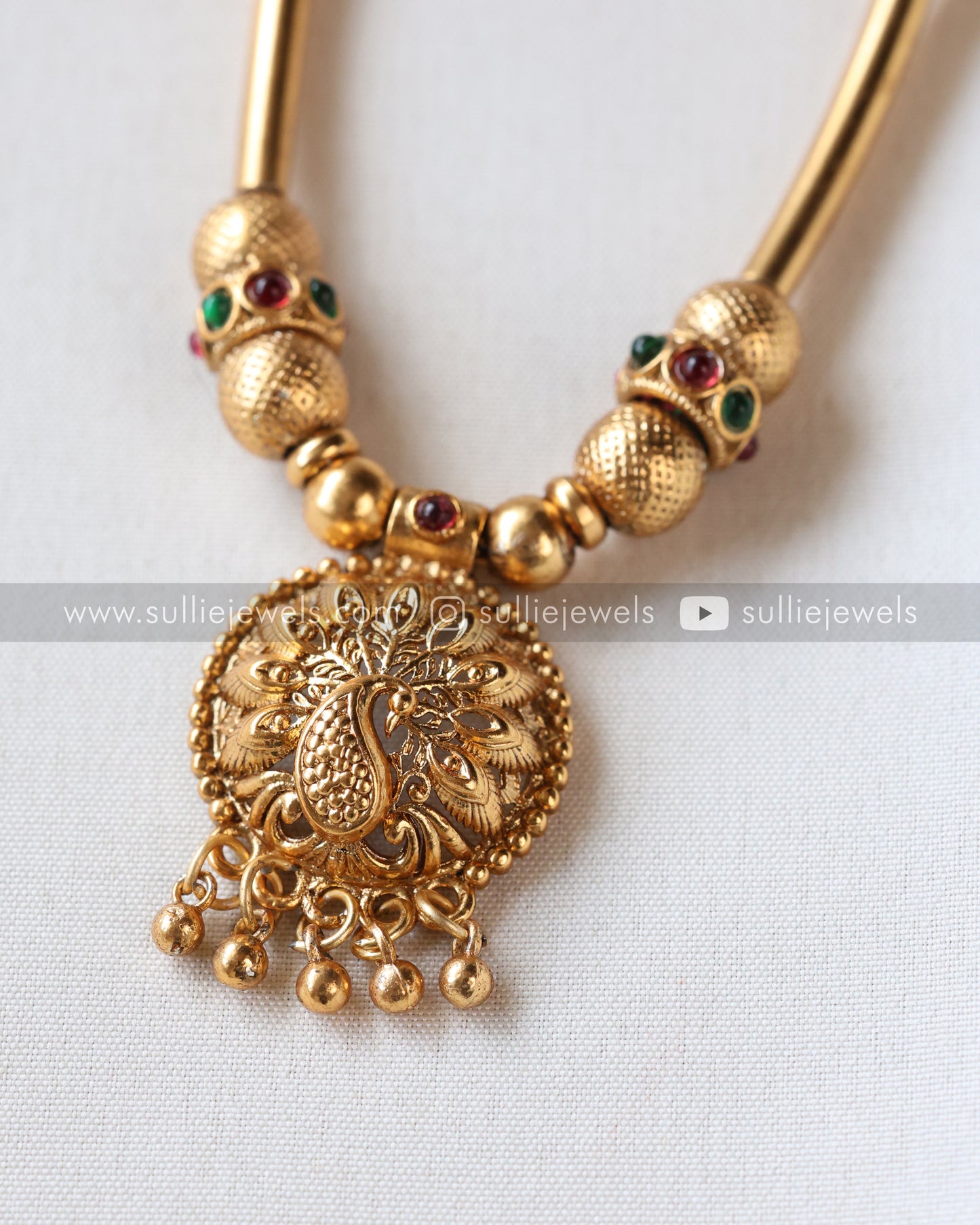 Peacock Gold Designer Tube Beads Necklace with Studs