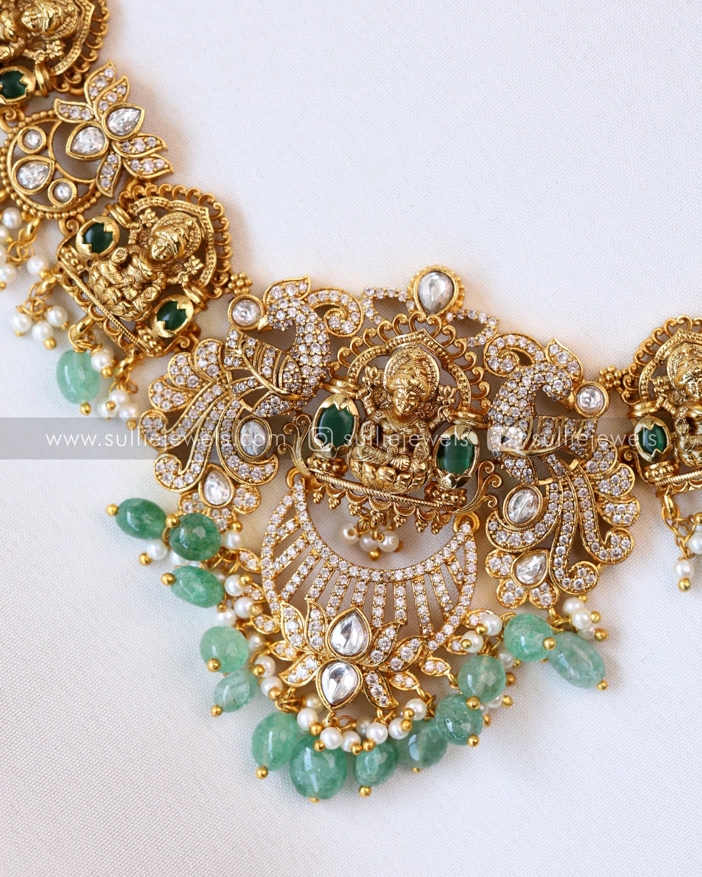 Lakshmi Necklace with Mint Beads and Earrings