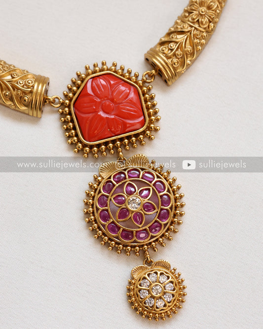 Orange Carved Stone Kemp Hasli with Earring