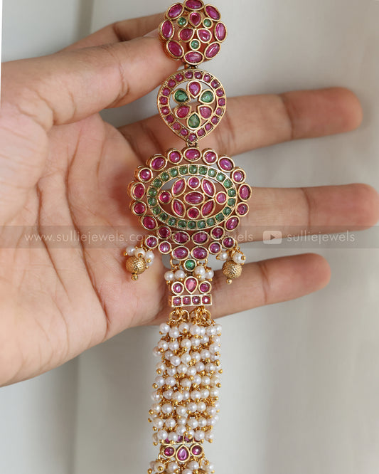 1093 - Designer Pearls & Ruby Green Kemp Stone Hair Brooch
