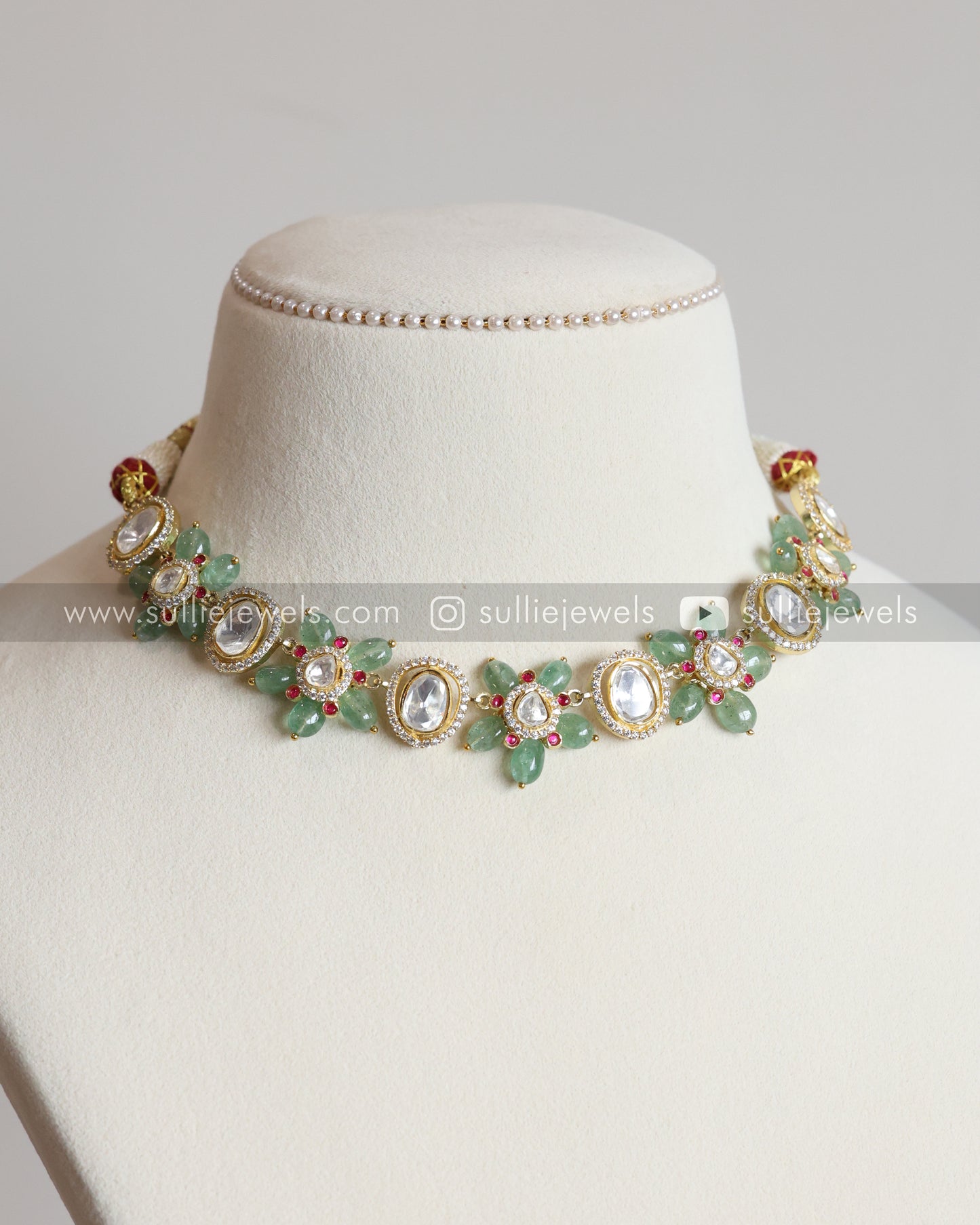 Polki Mint Beads Premium Choker with Earrings