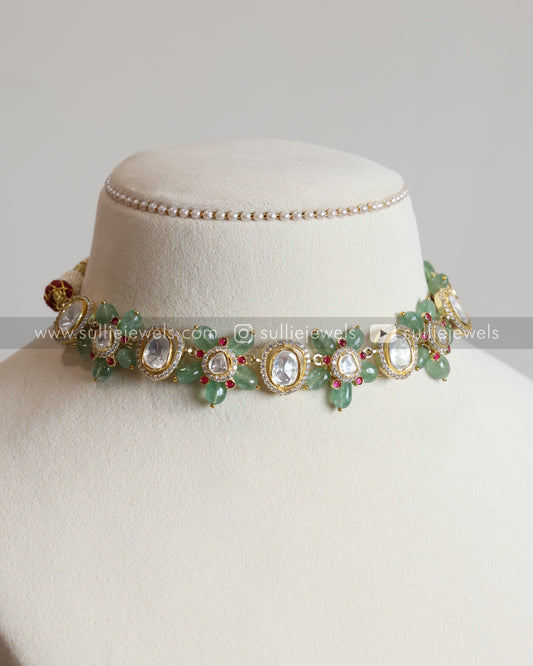 Polki Mint Beads Premium Choker with Earrings