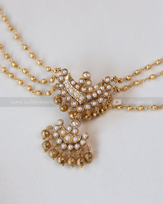 1092 - Designer Pearl & Gold Beads Three Layer Matti Hair Brooch