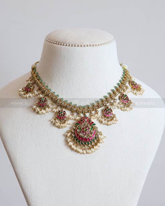 3712 - Jadau Rice Pearl Guttapusalu Necklace Chain with Earrings