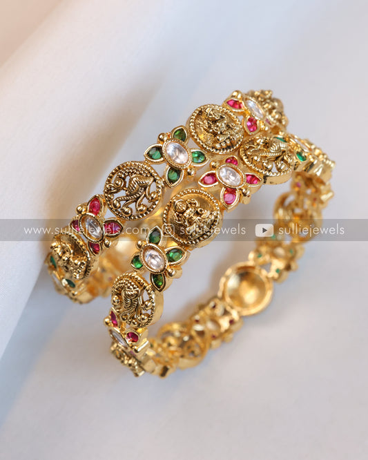 Lakshmi Red & Green Stone Gold Bangle - Set of 2
