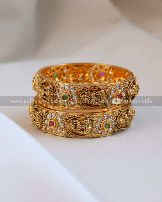 Flower & Lakshmi Stone Gold Bangle - Set of 2
