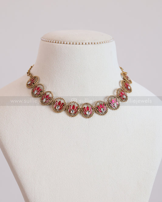 3759 - Sullie Basic Meenakari Pink Lotus Necklace with Stud