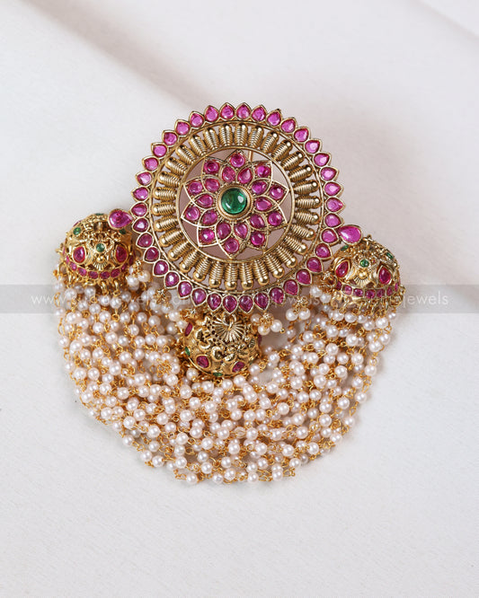 089 - Floral Kemp Layered Pearl Jhumka Hair Brooch