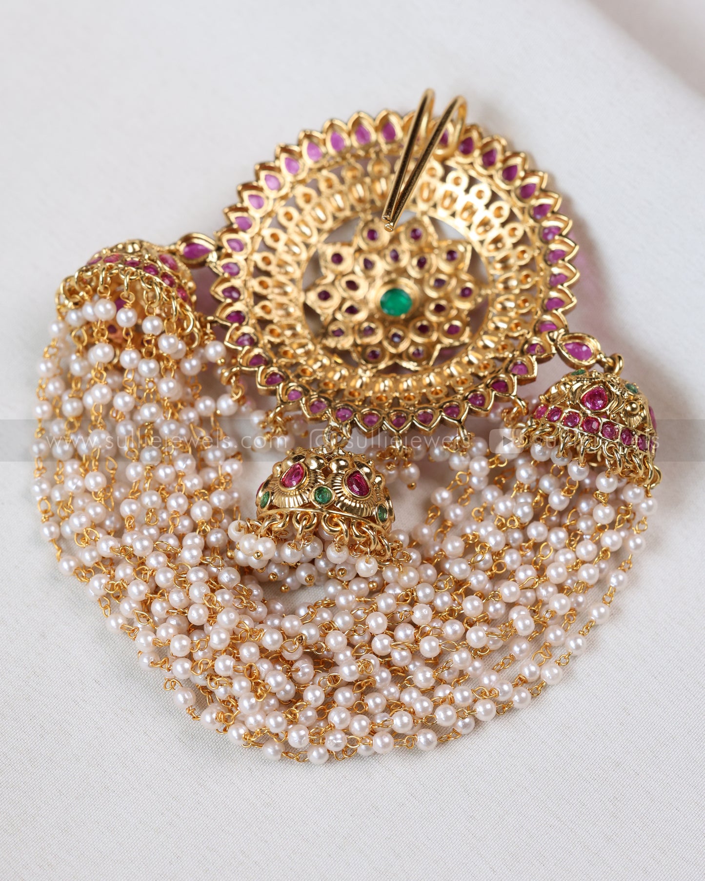 089 - Floral Kemp Layered Pearl Jhumka Hair Brooch