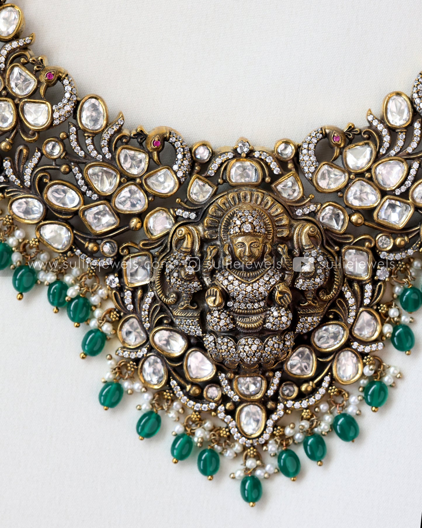Victorian Kundan Nagas Necklace with Green Beads