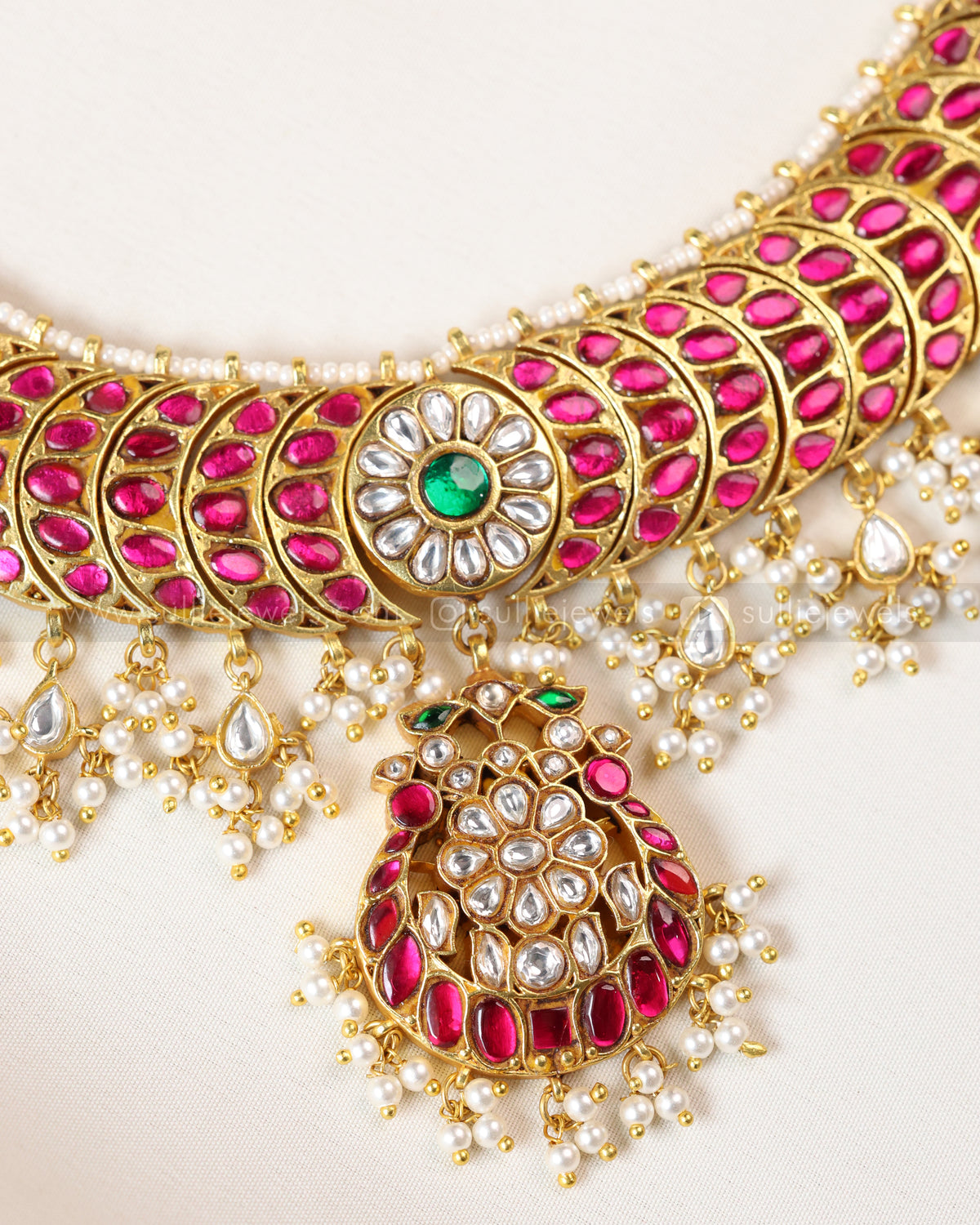 3868 - Premium Ruby Pink Jadau Kemp Pearl Necklace with Earrings