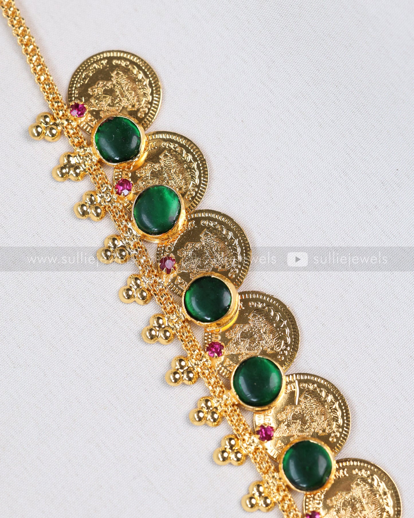 7204 - Gold Plated Coin Emerald Green Stone Haaram / Long chain