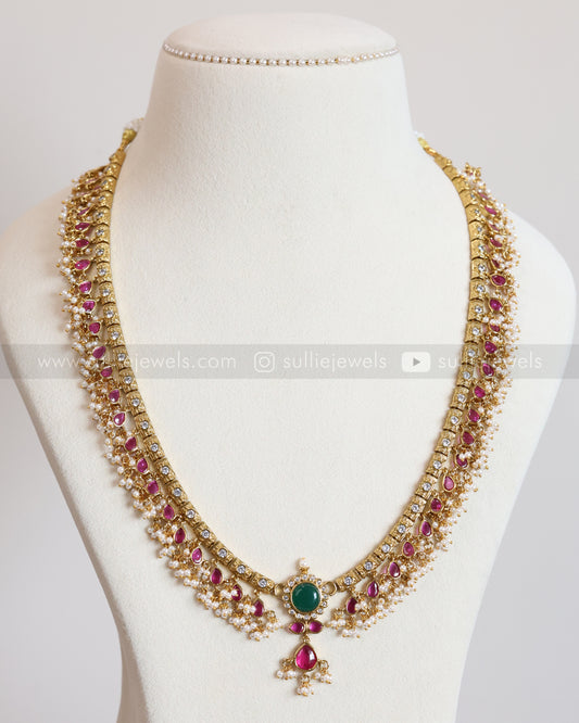 7220 - Premium Emerald Centre Stone Ruby Guttapusalu Long Chain with Earring