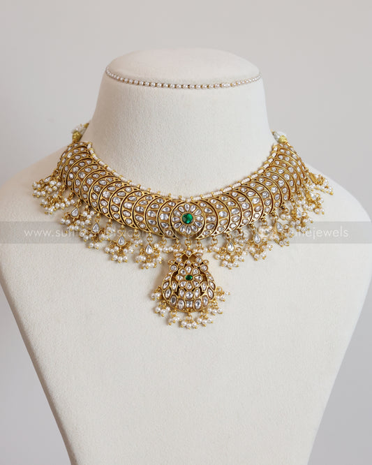 3867 - Premium White Jadau Kemp Pearl Necklace with Earrings