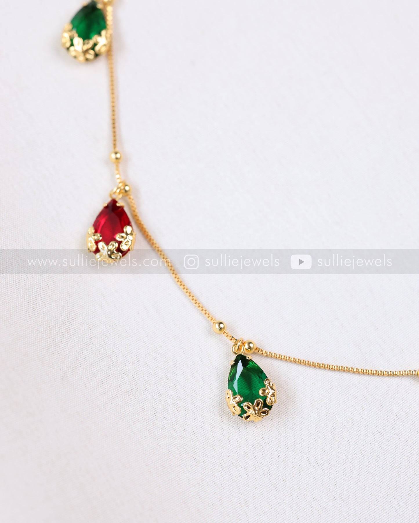 3865 - Diamond Ruby Green Raindrop Charm Necklace